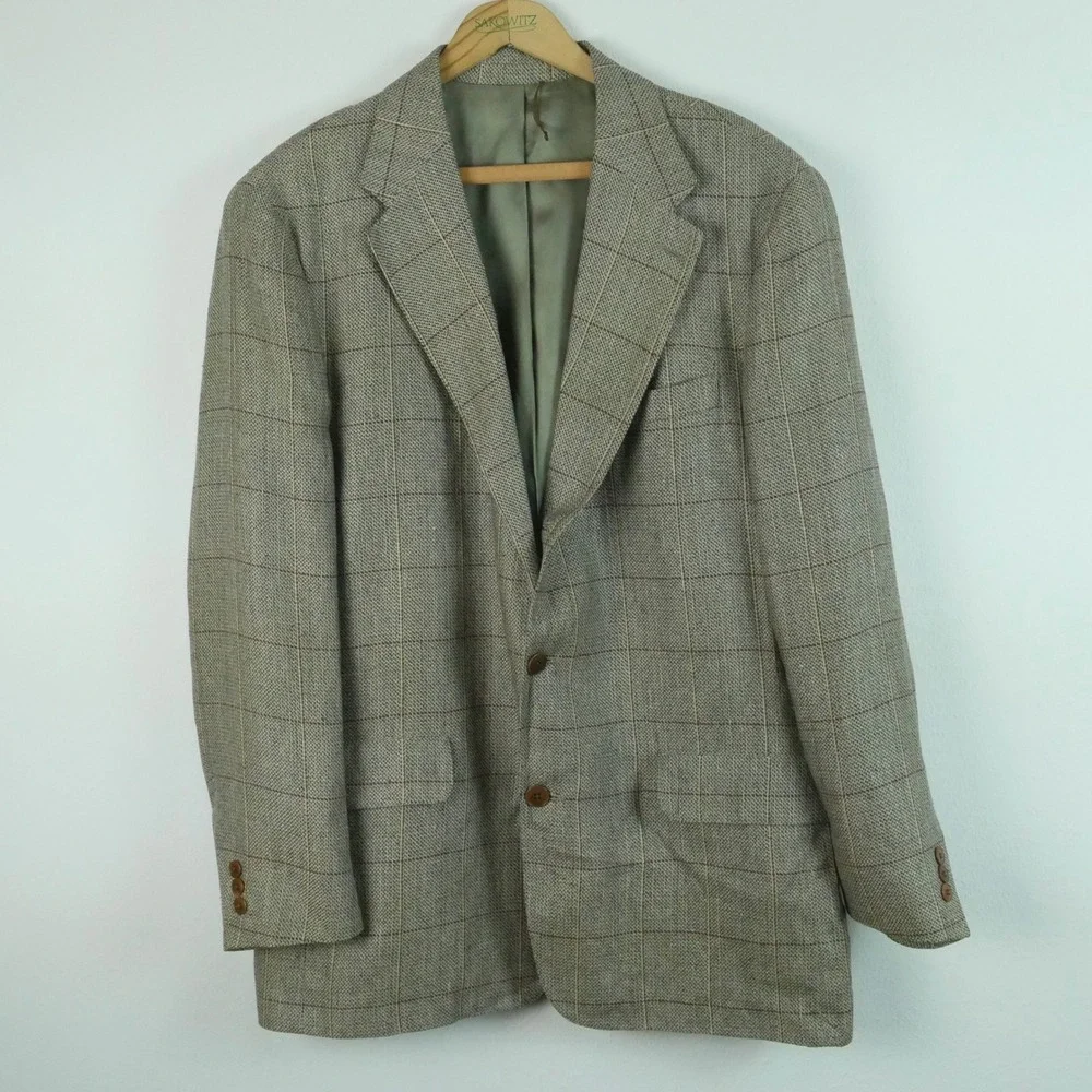 J. Crew Oarsman Vintage 41R Silk Linen Windowpane Blazer Sport Coat Plaid USA